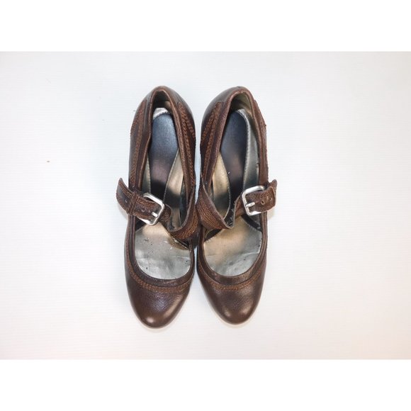Naturalizer Brown Leather MaryJane 3.5" Heel Wide Strap Siver Buckle Shoe 10M - Picture 6 of 8